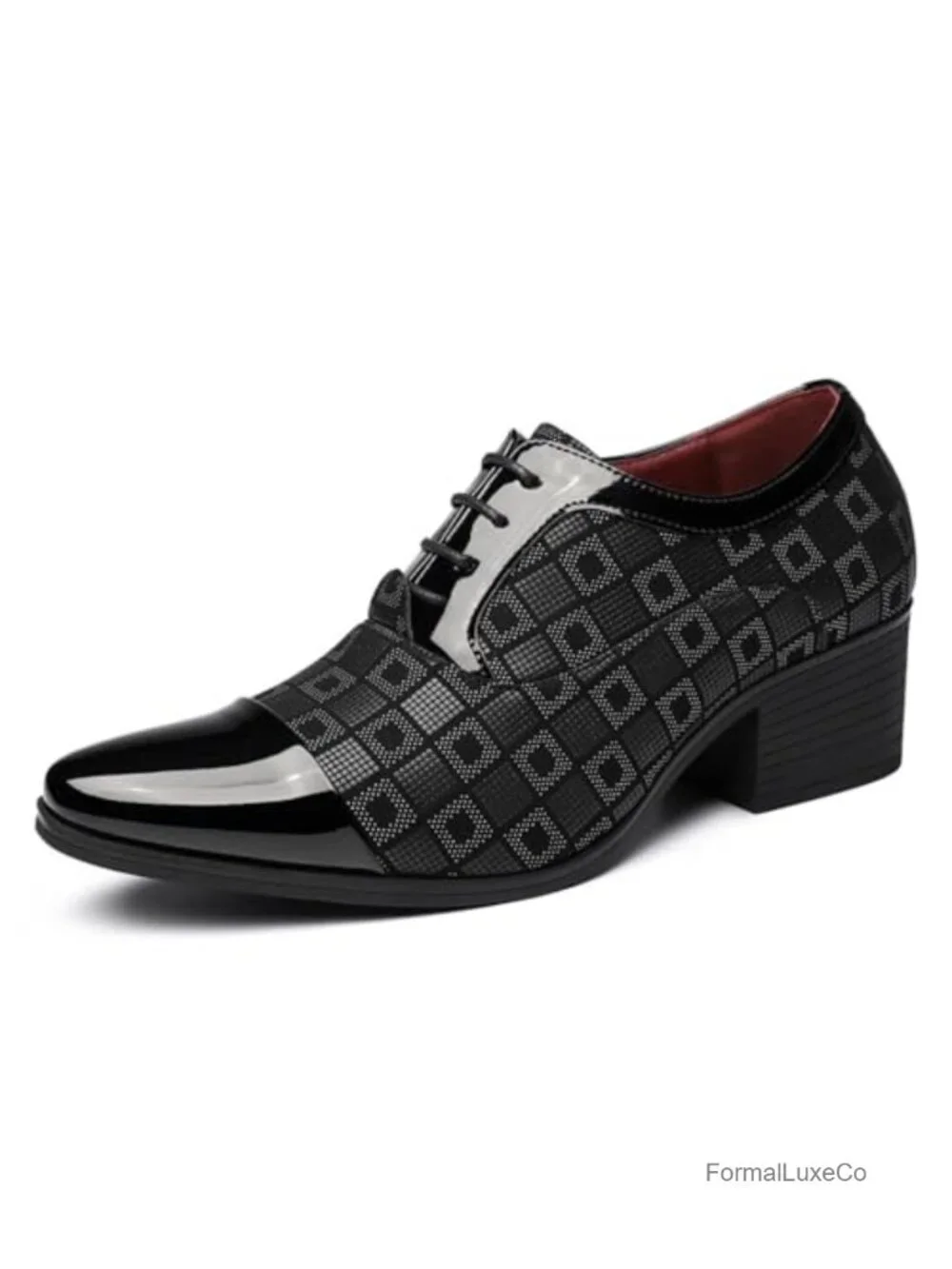 Patterned Patent Leather Chunky Heel Dress Oxford Shoes Lace Up Derby